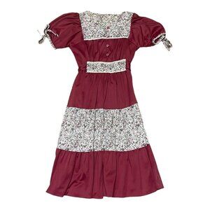 Vintage Prairie Fall Farm Girl Red Floral Womens Dress Small Medium Burgundy Red